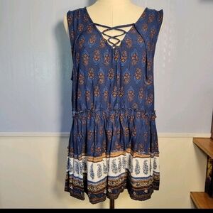 Maurices 0X Blue Orange Paisley Crisscross V Neck Ruffle Flowy Sleeveless Blouse